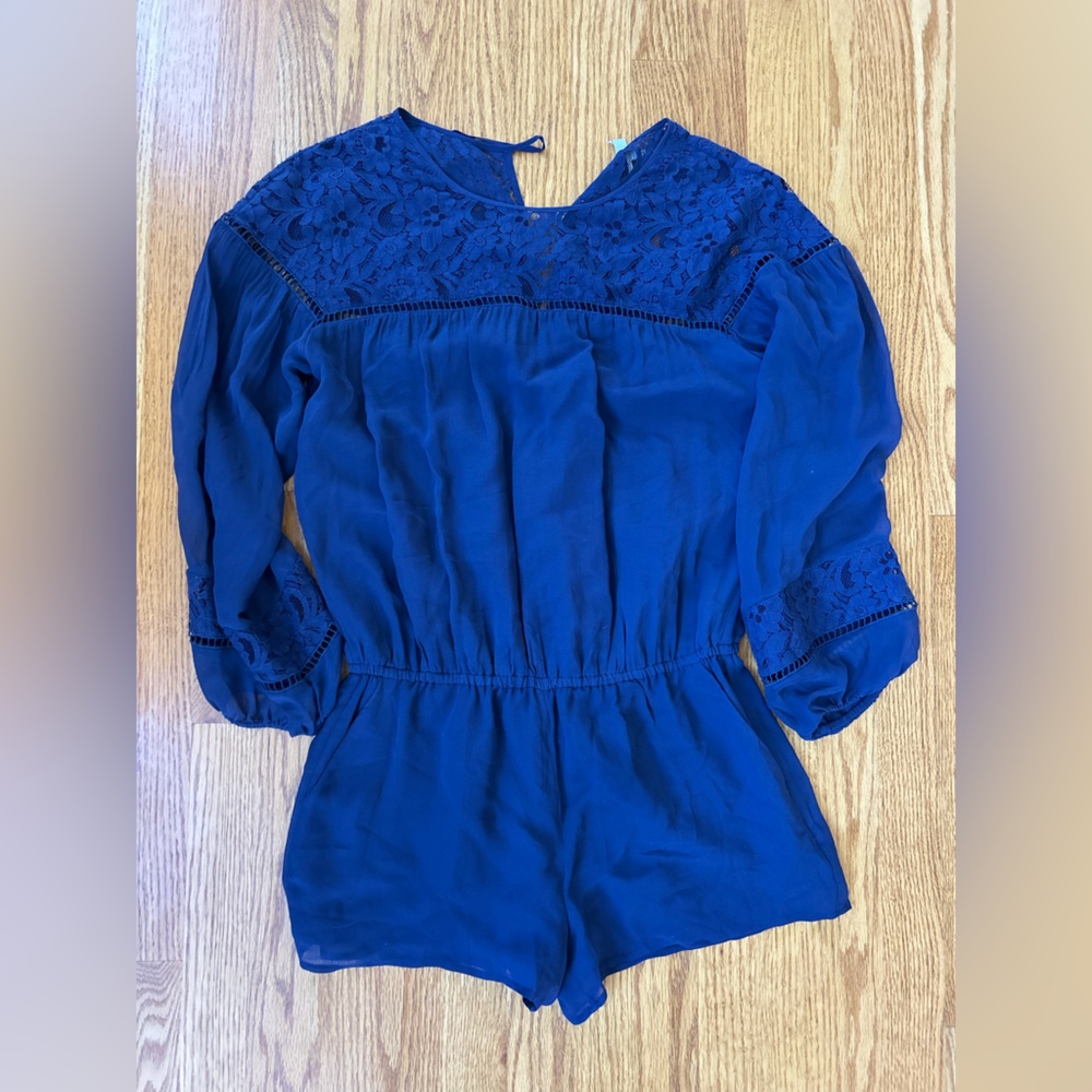 Joie Navy Blue Lace-Yoke Long-Sleeve Romper